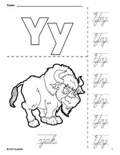 Free printable yak coloring page and cursive letter tracing worksheet, letter y worksheet for preschool, pre-k, and kindergarten, PDF