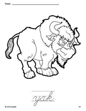 Free printable yak coloring page and cursive word tracing worksheet, perfect for preschool, pre-k, and kindergarten, PDF