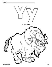 Free printable yak coloring page, letter y coloring page for preschool, pre-k, and kindergarten, PDF