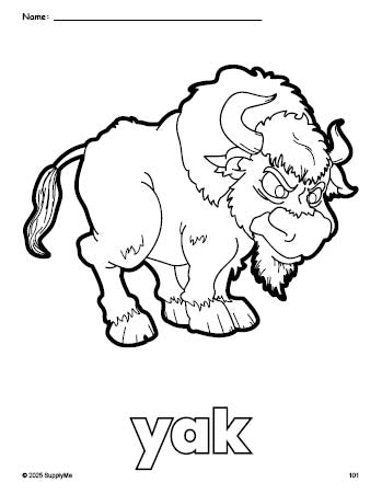 Free printable yak coloring page for preschool, pre-k, and kindergarten, PDF