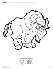 Free printable yak coloring page and word tracing worksheet, letter formation guides, perfect for preschool, pre-k, and kindergarten, PDF