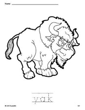 Free printable yak coloring page and word tracing worksheet, perfect for preschool, pre-k, and kindergarten, PDF