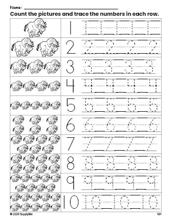 Free printable yak counting worksheet for preschool and pre-k with number tracing practice 1-10, PDF