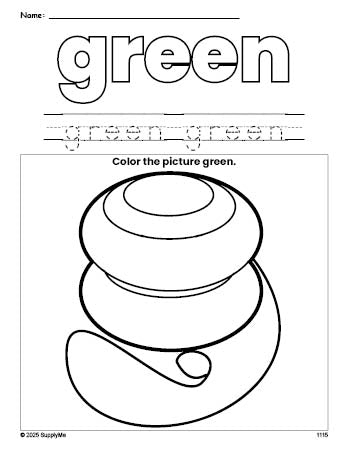 Free yo yo color green coloring page and color worksheet, green worksheet for preschoolers to learn colors, printable PDF