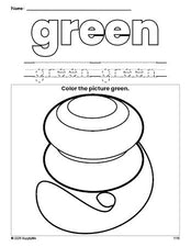 Free yo yo color green coloring page and color worksheet, green worksheet for preschoolers to learn colors, printable PDF