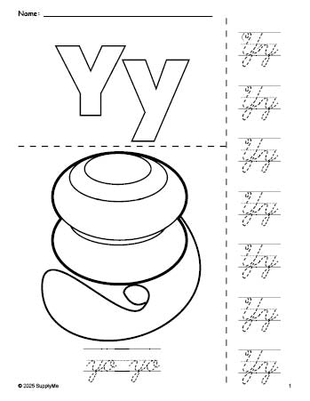 Free printable yo yo coloring page and cursive letter tracing worksheet, letter y worksheet for preschool, pre-k, and kindergarten, PDF