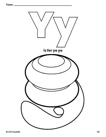 Free printable yo yo coloring page, letter y coloring page for preschool, pre-k, and kindergarten, PDF