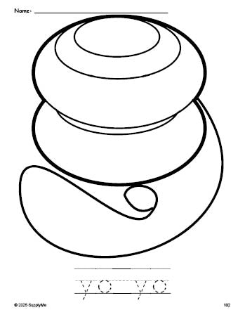 Free printable yo yo coloring page and word tracing worksheet, perfect for preschool, pre-k, and kindergarten, PDF