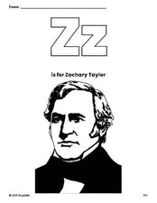 Free printable Zachary Taylor Presidents' Day coloring page, letter z coloring page for preschool, pre-k, and kindergarten, PDF