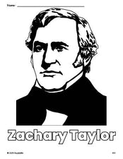 Free printable Zachary Taylor Presidents' Day coloring page for preschool, pre-k, and kindergarten, PDF