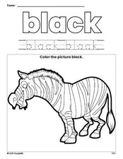 Free zebra color black coloring page and color worksheet, black worksheet for preschoolers to learn colors, printable PDF