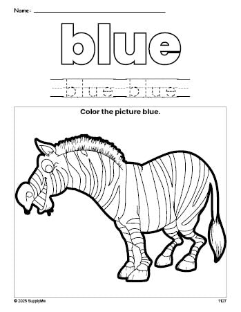 Free zebra color blue coloring page and color worksheet, blue worksheet for preschoolers to learn colors, printable PDF