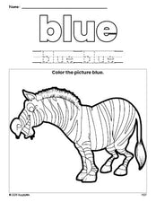 Free zebra color blue coloring page and color worksheet, blue worksheet for preschoolers to learn colors, printable PDF