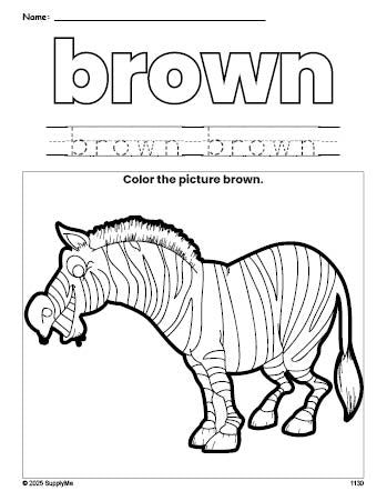 Free zebra color brown coloring page and color worksheet, brown worksheet for preschoolers to learn colors, printable PDF