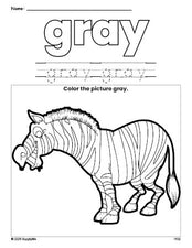 Free zebra color gray coloring page and color worksheet, gray worksheet for preschoolers to learn colors, printable PDF