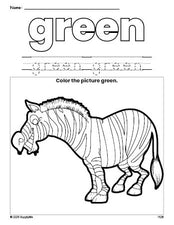 Free zebra color green coloring page and color worksheet, green worksheet for preschoolers to learn colors, printable PDF