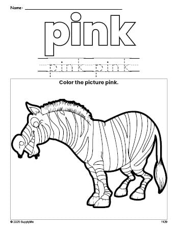 Free zebra color pink coloring page and color worksheet, pink worksheet for preschoolers to learn colors, printable PDF