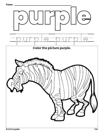 Free zebra color purple coloring page and color worksheet, purple worksheet for preschoolers to learn colors, printable PDF