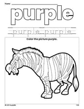 Free zebra color purple coloring page and color worksheet, purple worksheet for preschoolers to learn colors, printable PDF