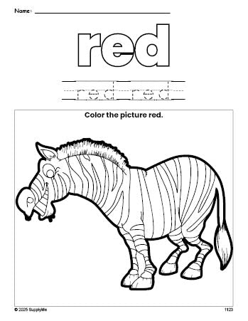 Free zebra color red coloring page and color worksheet, red worksheet for preschoolers to learn colors, printable PDF