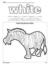 Free zebra color white coloring page and color worksheet, white worksheet for preschoolers to learn colors, printable PDF