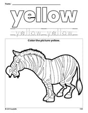 Free zebra color yellow coloring page and color worksheet, yellow worksheet for preschoolers to learn colors, printable PDF