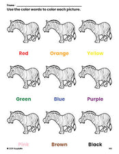 Free zebra coloring page and color worksheet for preschoolers to learn colors, printable PDF