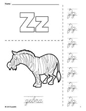 Free printable zebra coloring page and cursive letter tracing worksheet, letter z worksheet for preschool, pre-k, and kindergarten, PDF