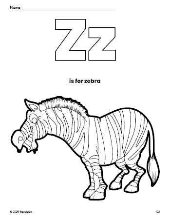 Free printable zebra coloring page, letter z coloring page for preschool, pre-k, and kindergarten, PDF