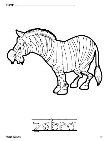 Free printable zebra coloring page and word tracing worksheet, letter formation guides, perfect for preschool, pre-k, and kindergarten, PDF