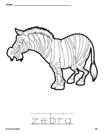 Free printable zebra coloring page and word tracing worksheet, perfect for preschool, pre-k, and kindergarten, PDF