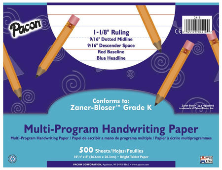 The Teachers' Lounge®  Sulphite Handwriting Paper, Dotted Midline, Grade  1, 5/8 x 5/16 x 5/16 Ruled Long, 10-1/2 x 8, 500 Sheets Per Pack, 2  Packs