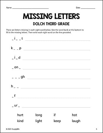 FREE Third Grade Sight Words Worksheets - Missing Letters, All 41 Dolch 3rd Grade Sight Words