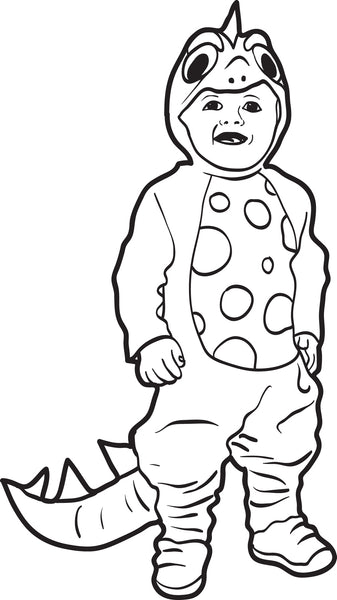 Printable Halloween Coloring Page of a Boy in a Dinosaur Costume – SupplyMe