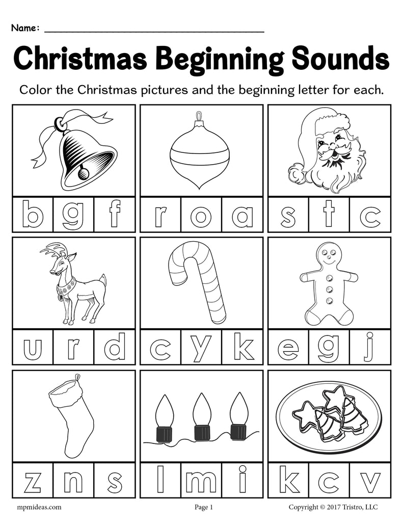 FREE Printable Christmas Beginning Sounds Worksheet!