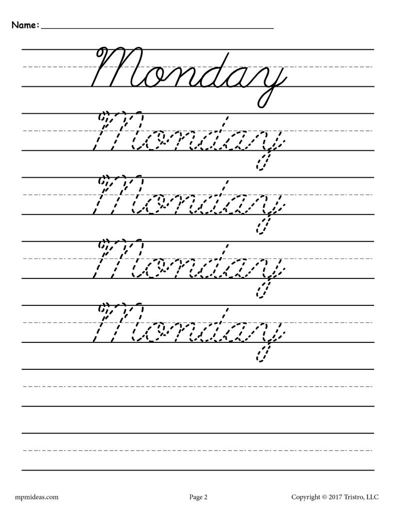 DAYS OF THE WEEK FREE CALLIGRAPHY PRACTICE SHEET