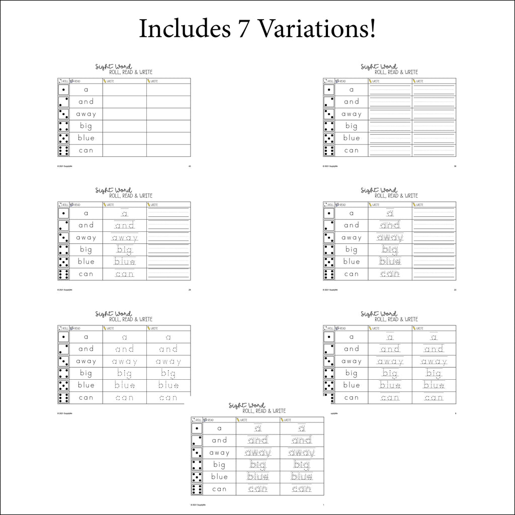 Pre-Primer Dolch Sight Words Worksheets - Roll, Read, And Write, Pre-K, Includes 7 Variations