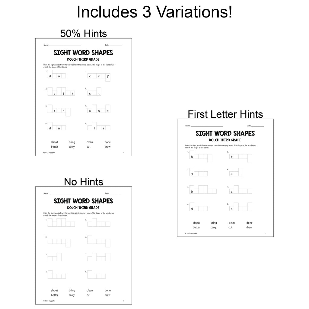 FREE Third Grade Sight Words Worksheets - Word Shapes, 3 Variations, All 41 Dolch 3rd Grade Sight Words