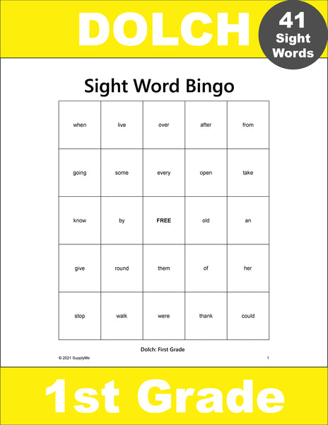 First Grade Sight Words Bingo, All 41 Dolch 1st Grade Sight Words ...