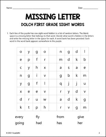 First Grade Sight Words Worksheets - Missing Letter, All 41 Dolch 1st ...