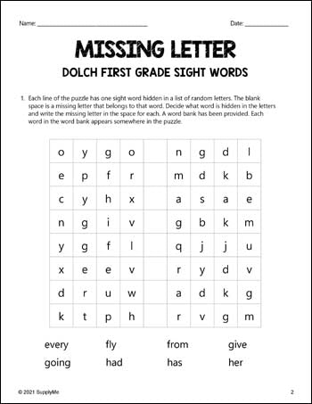 FREE First Grade Sight Words Worksheets - Missing Letter, All 41 Dolch 1st Grade Sight Words