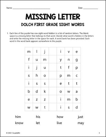 FREE First Grade Sight Words Worksheets - Missing Letter, All 41 Dolch 1st Grade Sight Words