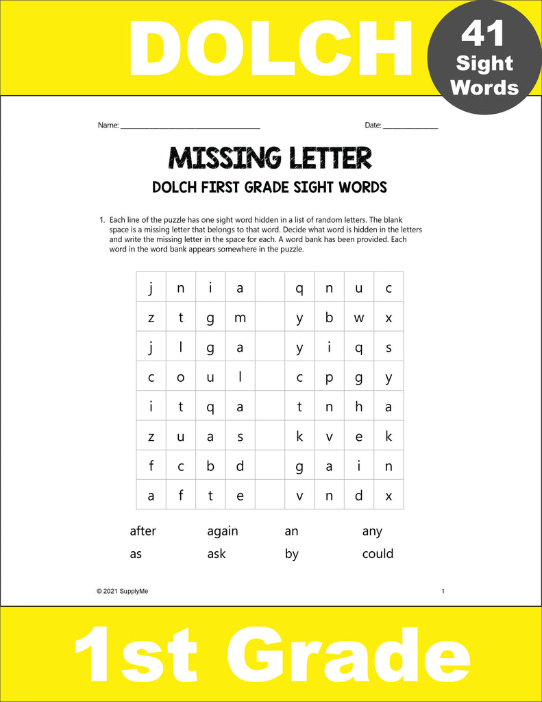 FREE First Grade Sight Words Worksheets - Missing Letter, All 41 Dolch 1st Grade Sight Words