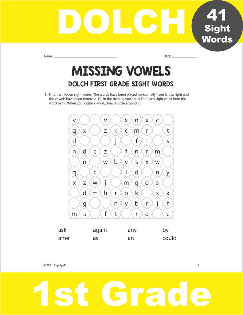 FREE First Grade Sight Words Worksheets - Missing Vowels, All 41 Dolch 1st Grade Sight Words