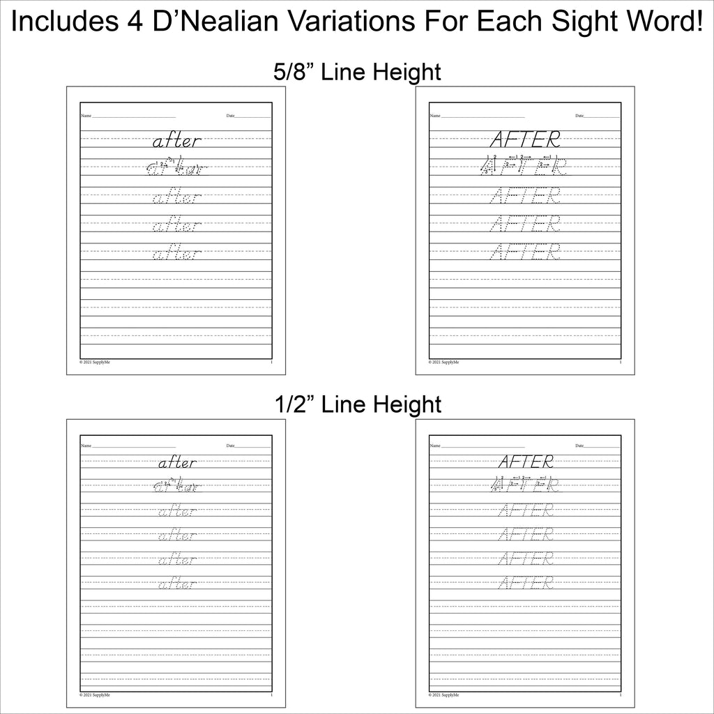 First Grade Sight Words Tracing Worksheets, All 41 Dolch 1st Grade Sight Words, 10 Variations (Print, D'Nealian, And Cursive), 410 Total Pages