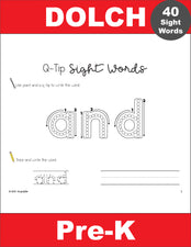 Pre-Primer Dolch Sight Words Worksheets - Q-Tip Painting Printables With Tracing And Handwriting Practice, Pre-K, Includes 6 Variations