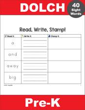 Pre-Primer Dolch Sight Words Worksheets - Read, Write, And Stamp, Pre-K, Includes 3 Variations