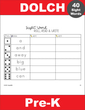 Pre-Primer Dolch Sight Words Worksheets - Roll, Read, And Write, Pre-K, Includes 7 Variations