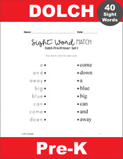 Pre-Primer Dolch Sight Words Worksheets - Sight Word Matching, Pre-K, Includes 4 Variations