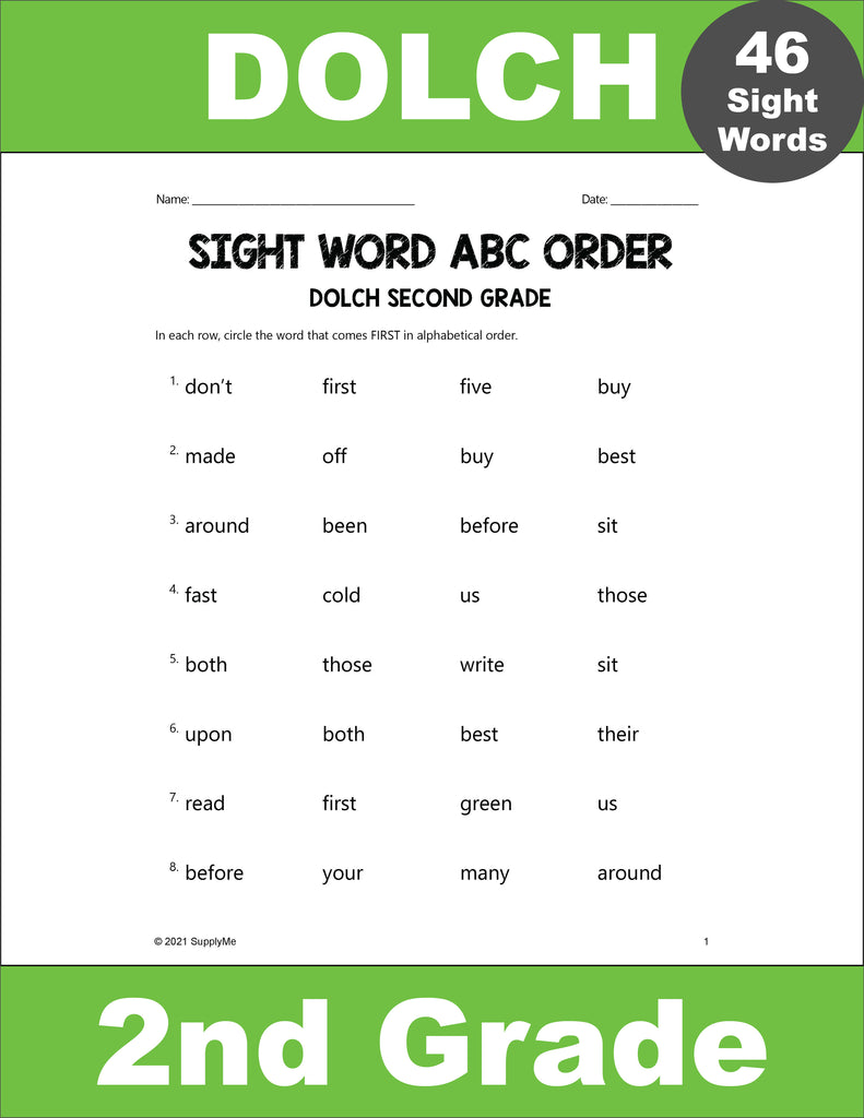 Second　Worksheets　46　All　2nd　Grad　Words　Grade　Sight　Order,　–　ABC　Dolch　SupplyMe